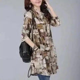 LOVEMI - Lovemi - Retro Print Long Sleeve Loose Shirt Mid-length