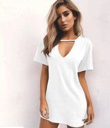 deep V short-sleeved T-shirt loose casual dress-white-23