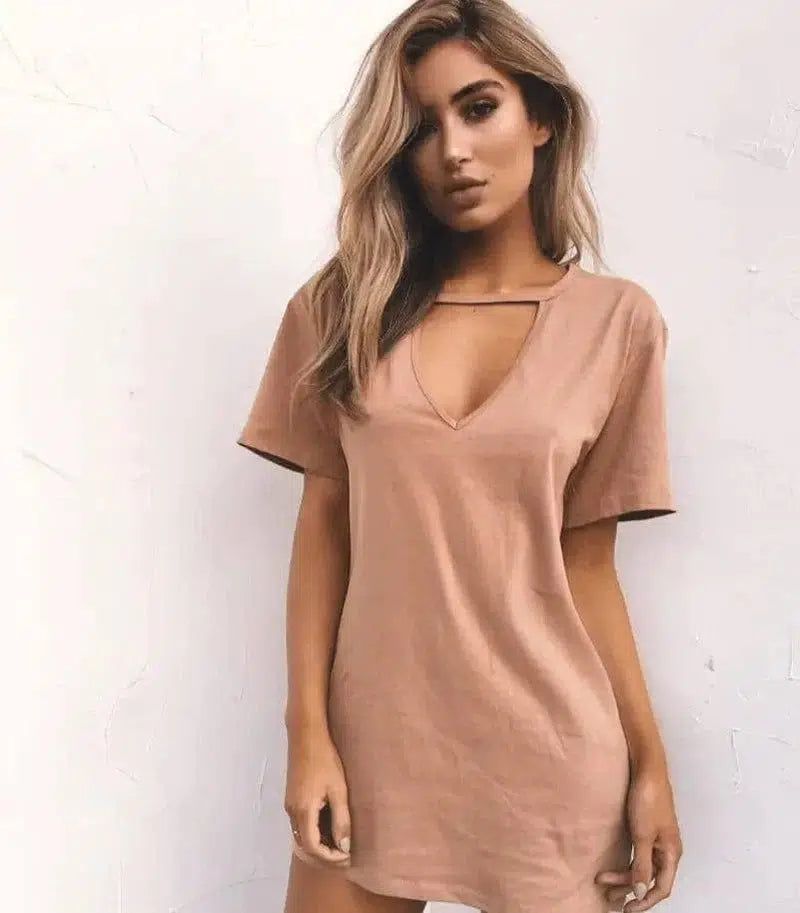 deep V short-sleeved T-shirt loose casual dress-37