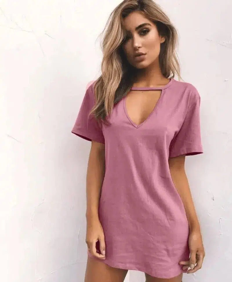 deep V short-sleeved T-shirt loose casual dress-Pink-42