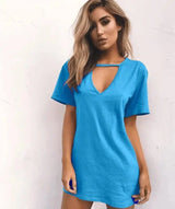 deep V short-sleeved T-shirt loose casual dress-Skyblue-63