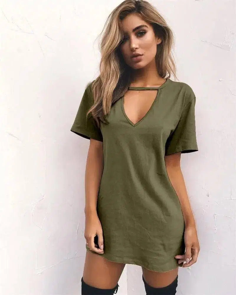 deep V short-sleeved T-shirt loose casual dress-MilitaryGreen-74