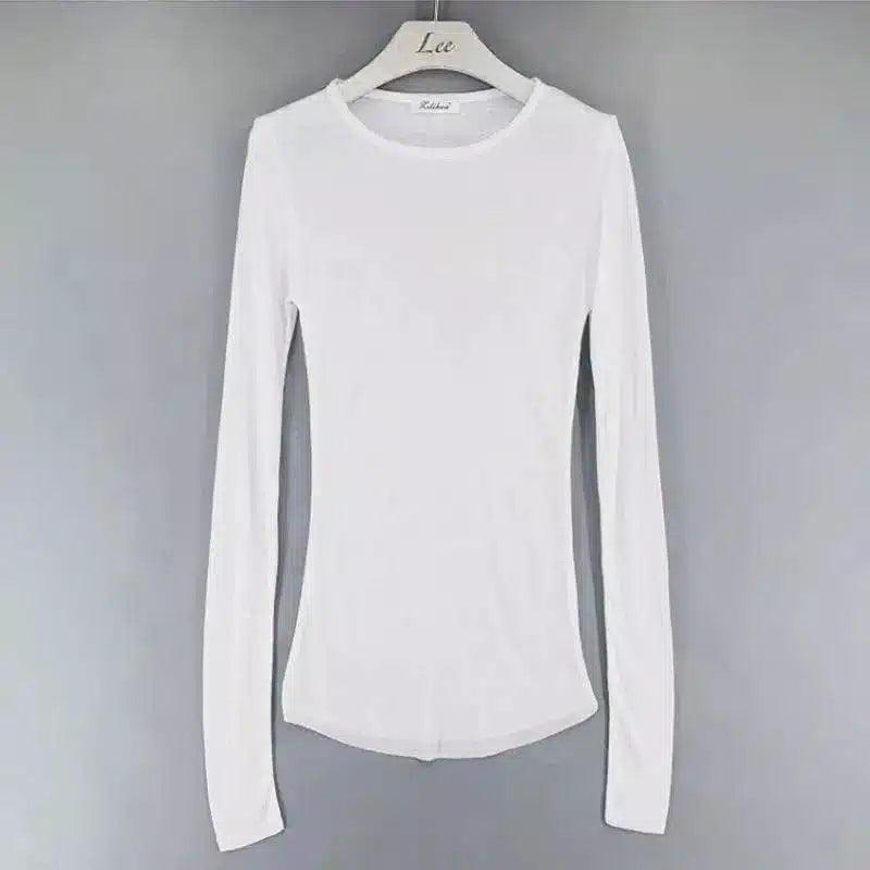 Women's Long Sleeve Crew Neck Top-White-4