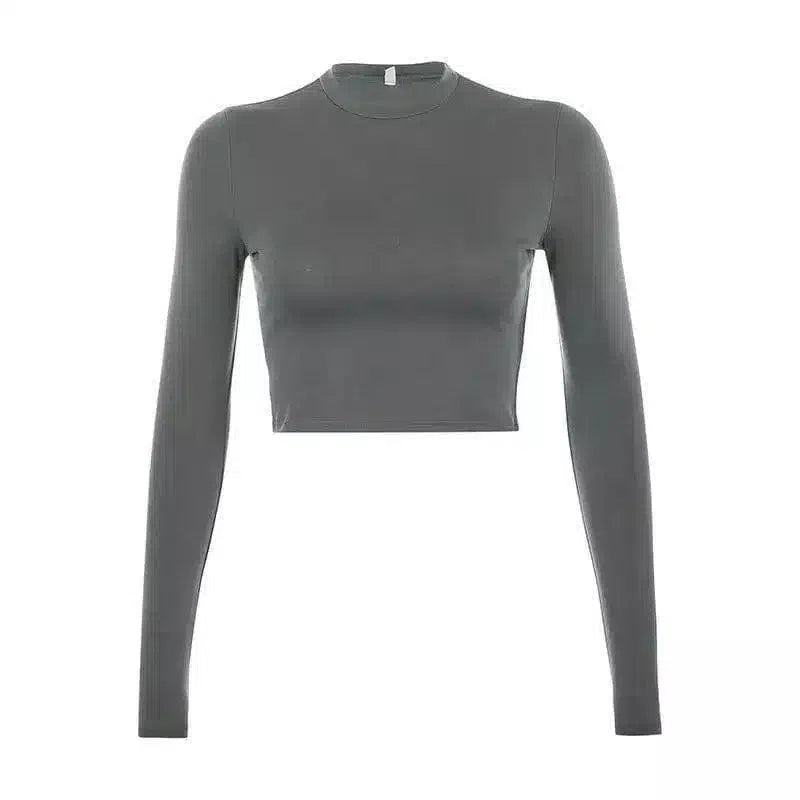 Fitted Long-Sleeve Crop Top for Women-Grey-3