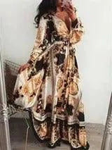 Slit Dress Printed V-neck Pullover Long Skirt-Picture4-24