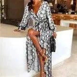 Slit Dress Printed V-neck Pullover Long Skirt-Picture3-26