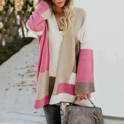 Women's Striped Open Front Knit Cardigan-Pink-3