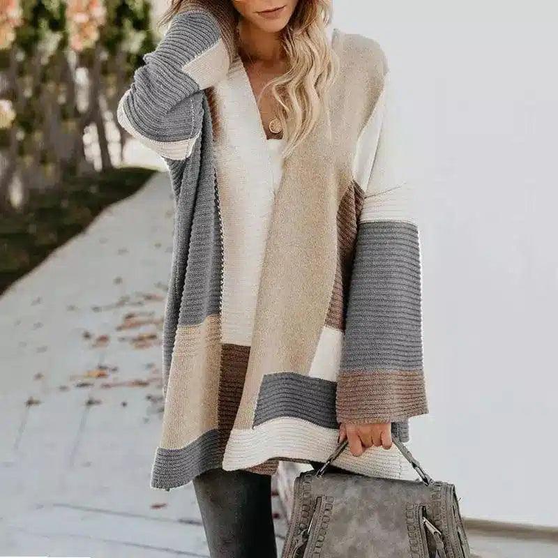 Women's Striped Open Front Knit Cardigan-Grey-4