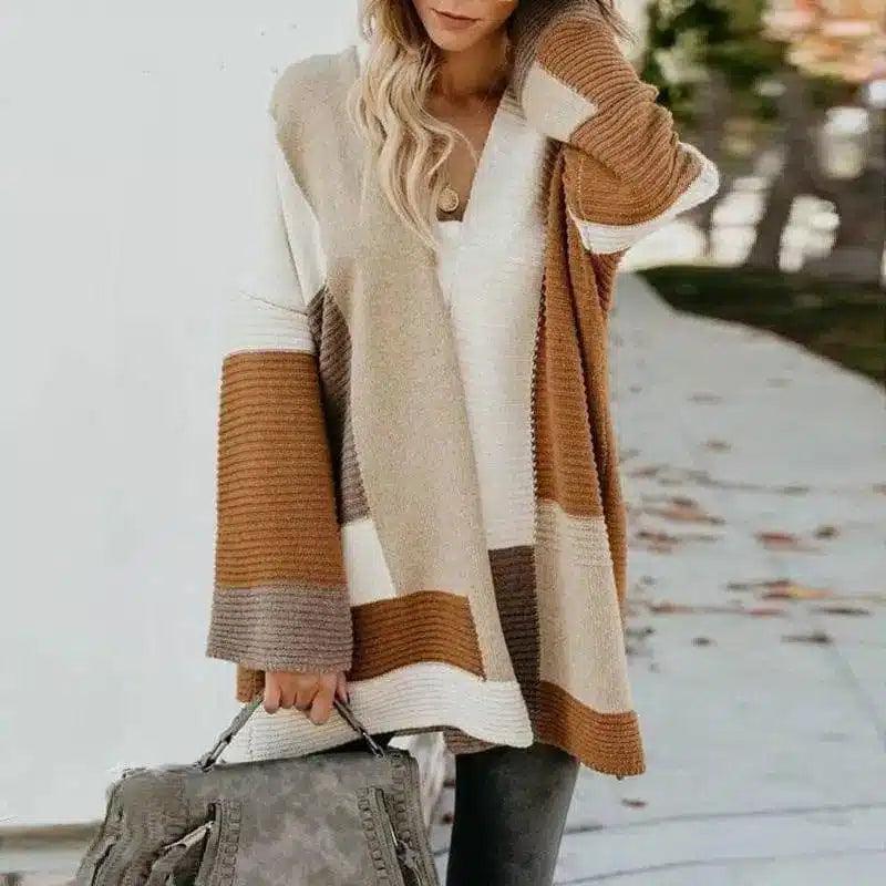 Women's Striped Open Front Knit Cardigan-Light tan-6