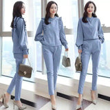 Chic Women's Ruffled Blouse and Pants Set-Blue-4