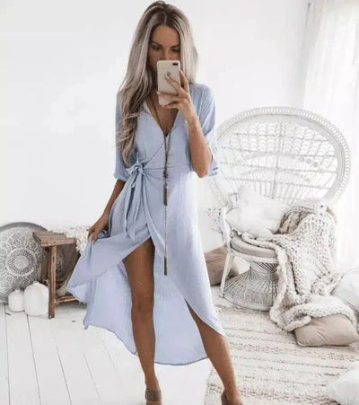 Chic V-Neck Wrap Dress with Asymmetrical Hem-Sky blue-3