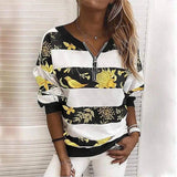 Striped Printed Long-Sleeved Zipper Loose Casual Sweater-Black flowers-6