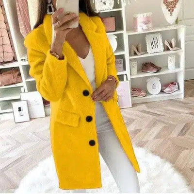 Womens Mid-Length Buttoned Coat-Yellow-2