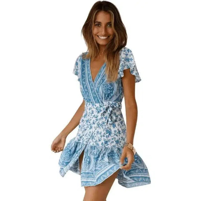 Summer V-neck bohemian print dress skirt women-10