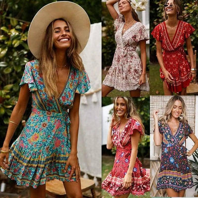 Summer V-neck bohemian print dress skirt women-1