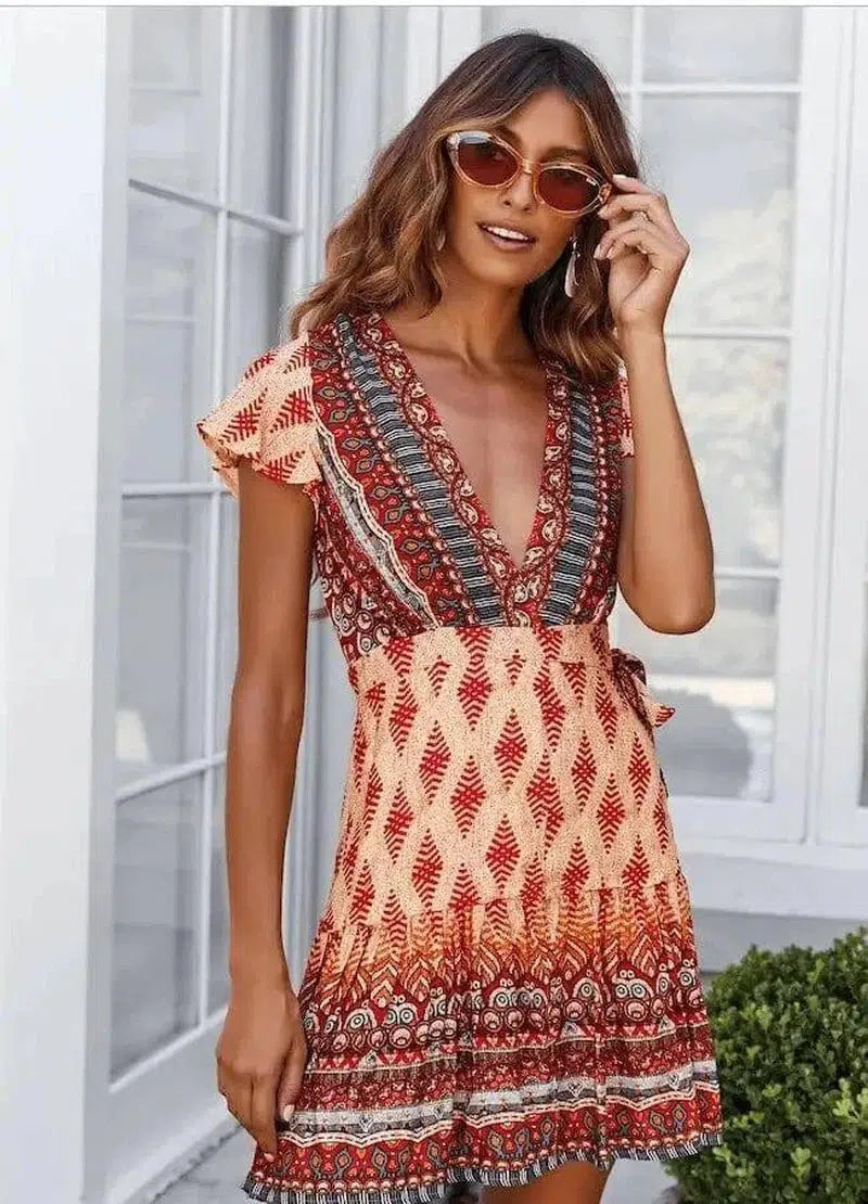 Summer V-neck bohemian print dress skirt women-25