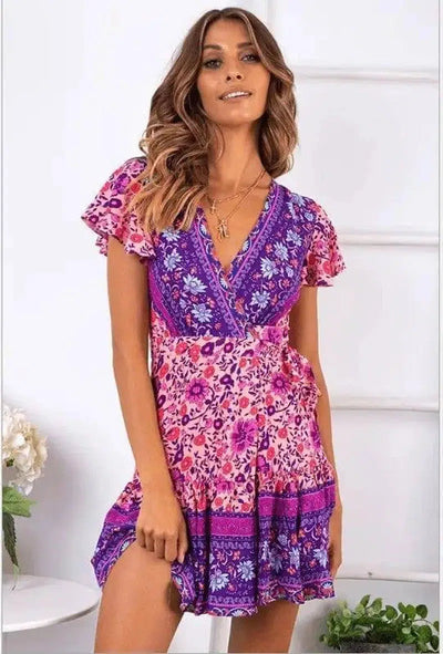 Summer V-neck bohemian print dress skirt women-Fuchsia-33