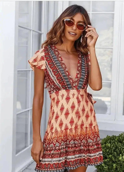 Summer V-neck bohemian print dress skirt women-Orange-38