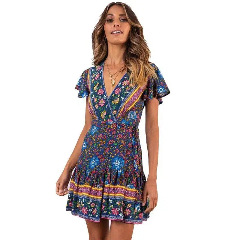 Summer V-neck bohemian print dress skirt women-Blackblue-55