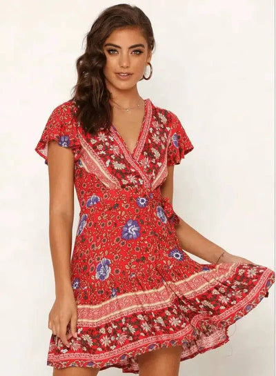 Summer V-neck bohemian print dress skirt women-Redwine-70