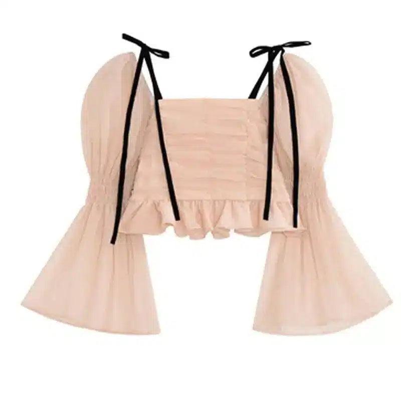 Tie-Strap Smocked Crop Top with Bell Sleeves-Pink-1