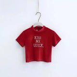 T-shirt with tight body and bottom, high collar, embroidered-Red-1