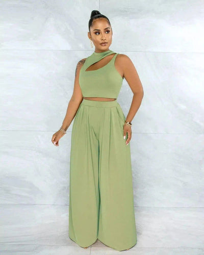 Women's One-Shoulder Jumpsuit with Wide-Leg Pants-Light Green-2