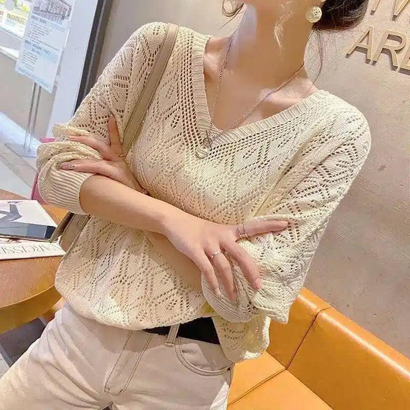 LOVEMI - Lovemi - V-neck Crochet Hollow Knit Sweater Blouse Women's