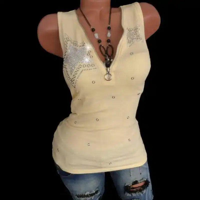 Women's Sleeveless V-Neck Tank Top with Rhinestones-Yellow-2