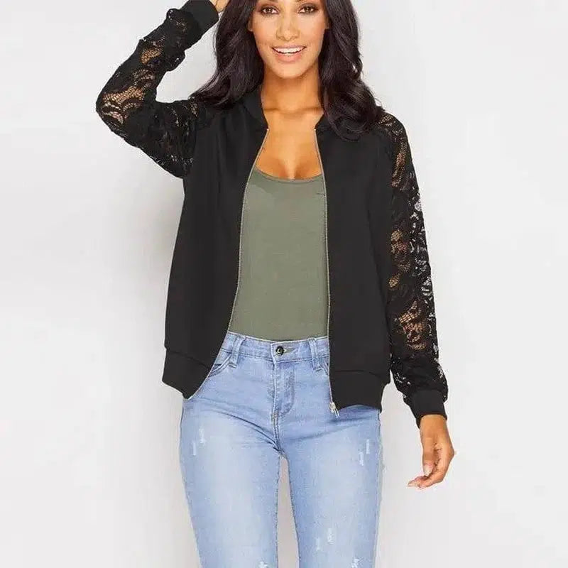 Women Bomber Jacket With Lace-Black-1