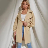 Women Double Breasted Trench Coat Vintage Long Sleeve-Khaki-1