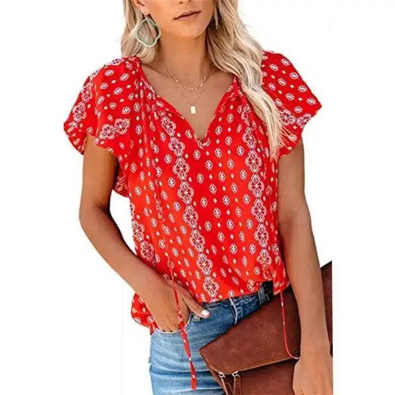 LOVEMI - Lovemi - Women's Casual Short-sleeved Loose Print V-neck