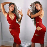 Womens Bodycon Halter Deep V Neck Cut Out Sleeveless-Red-16