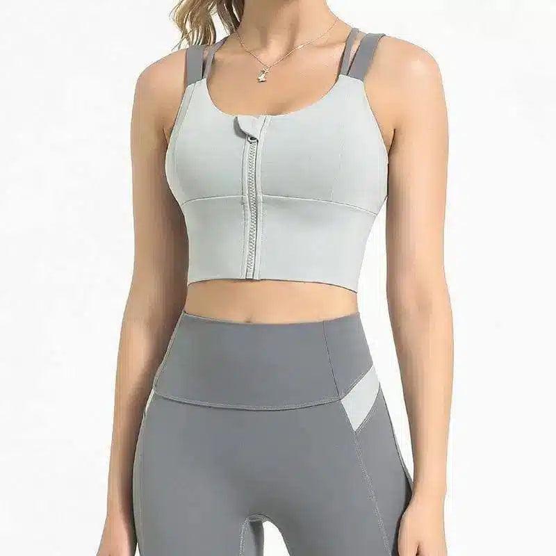 Zip-Front Supportive Sports Bra for Workouts-Grey-3