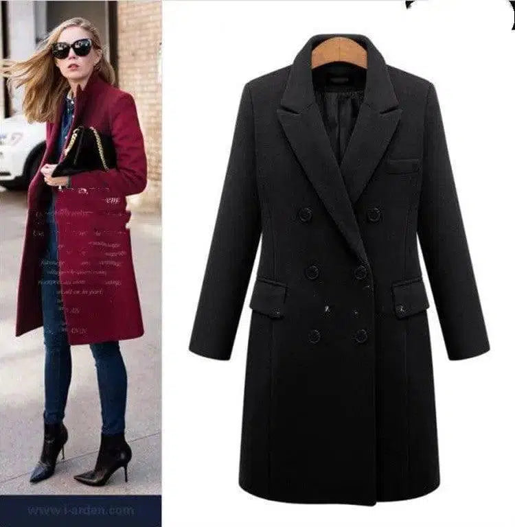 Medium length large woolen overcoat for women-Black-4