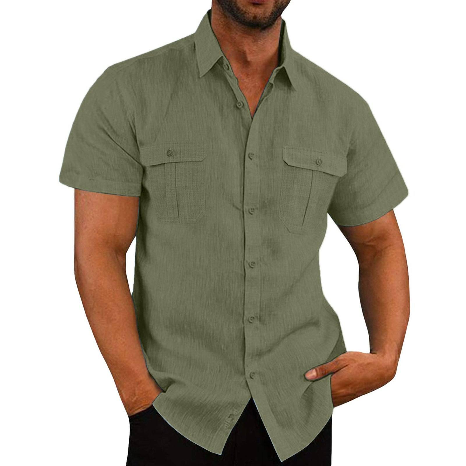 Men's Button Short Sleeve Shirt Summer Casual Double Pocket-Army green-5