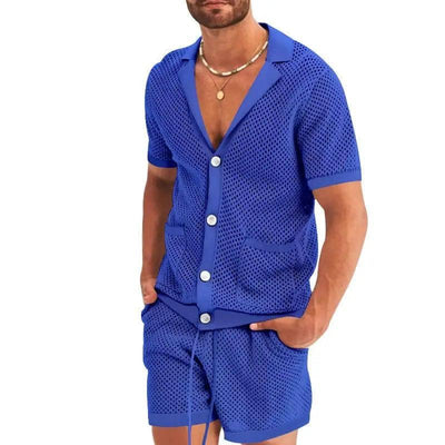 Men's Casual Knit Casual Lapel Two-Piece Suit-Blue-1