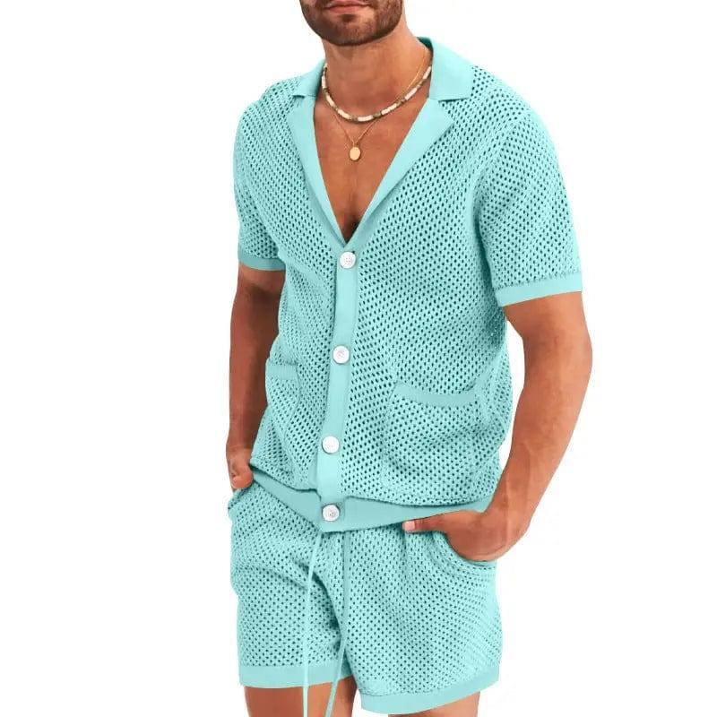 Men's Casual Mesh Knit Casual Lapel Two-Piece Suit-Lake Blue-3