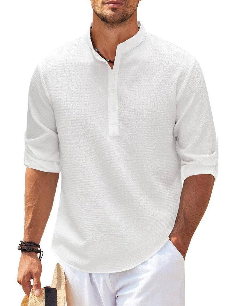 Men's Casual Shirt Long Sleeve Stand Collar Solid Color Shirt Mens Clothing Khaki / 5XL-White-4