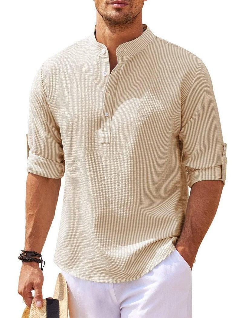 Men's Casual Shirt Long Sleeve Stand Collar Solid Color Shirt Mens Clothing Khaki / 5XL-Khaki-9