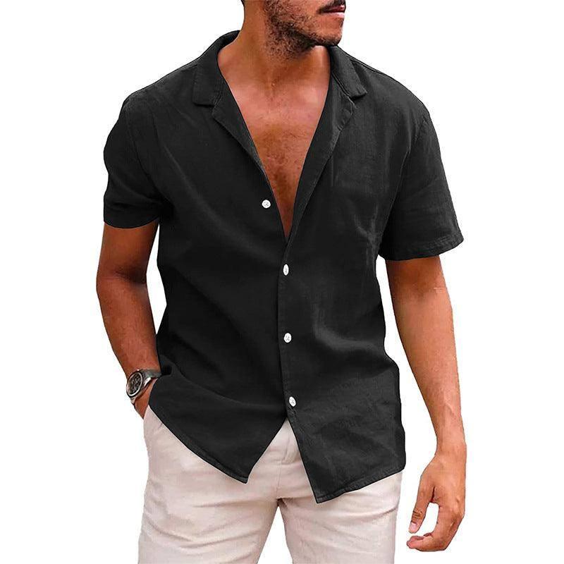 Men's Tops Casual Button Down Shirt Short Sleeve Beach Shirt-Black-7