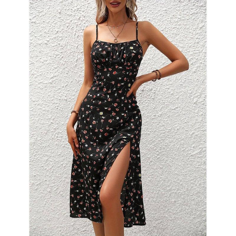 New Polka Dot Print Suspender Dress Summer Slit Long-Black-2