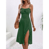 New Polka Dot Print Suspender Dress Summer Sexy Slit Long-Dark Green-5