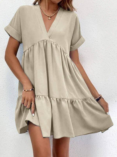 New Short-sleeved V-neck Dress Summer Casual Sweet Ruffled-Khaki-5