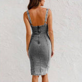 New U-neck Suspender Denim Dress Summer Casual Tight Slim Fit Dresses With Slit Design Womens Clothing-3