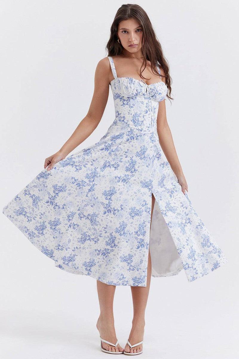 Elegant Purple Floral Corset Dress-White Blue-9