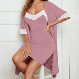 Pajama Suit Lace Stretch Slip Nightdress Nightgown Breathable Two-piece Set Home Wear-Purple-6