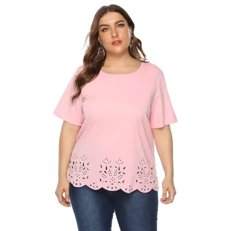 New 2021 Summer Plus Size Tops For Women Large Short Sleeve Loose Hollow Out Pink O-neck T-shirt 3XL 4XL 5XL 6XL-3