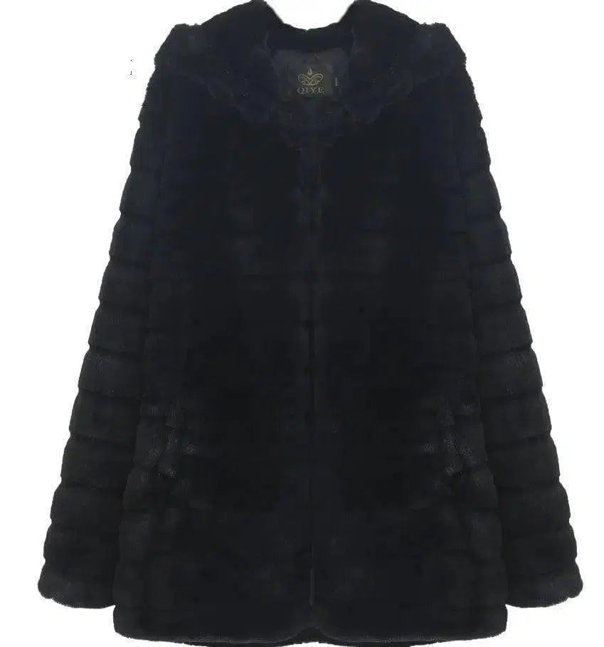 Plush padded hooded lady mink short fur coat-Black-2