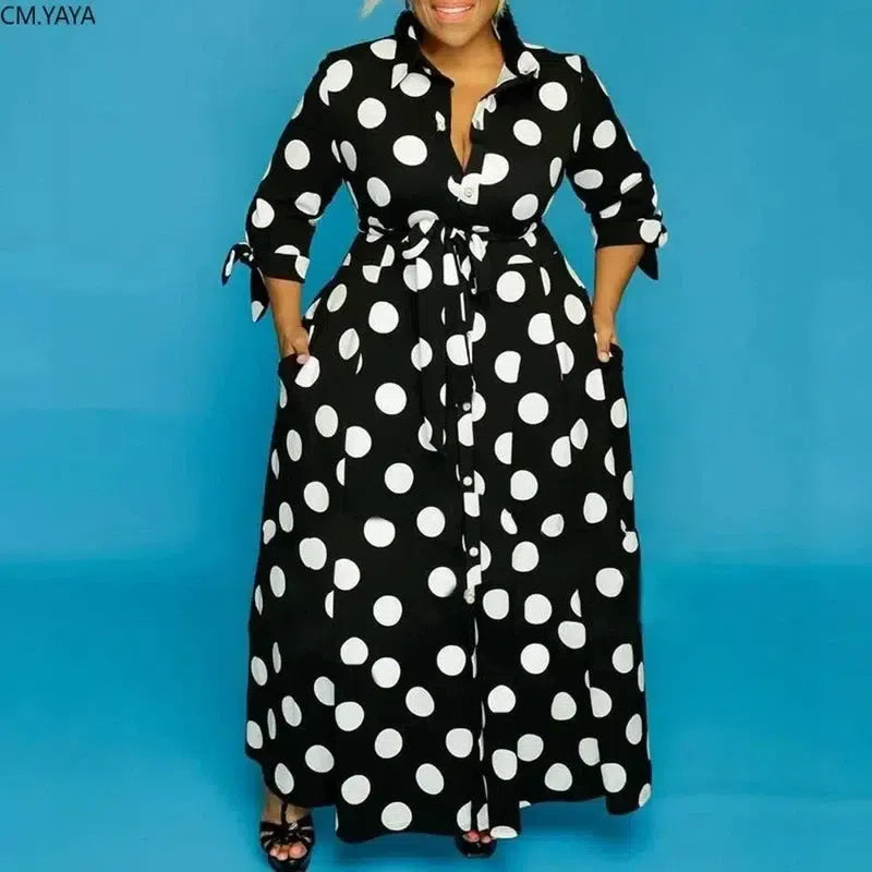 CM.YAYA Autumn Dot Print Button Up Plus Size XL-5XL Women Blousers Maxi Dress Vestidos Streetwear Long Dresses Vestidos-3